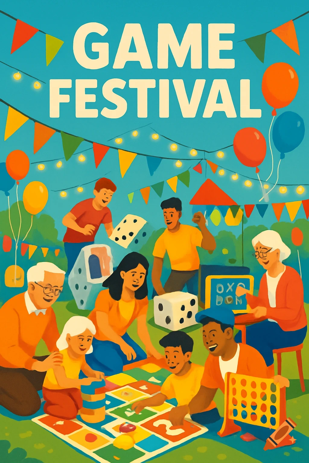 A vibrant cartoon poster for a 'GAME FESTIVAL,' with people of all ages playing board games and dice under string lights and balloons.