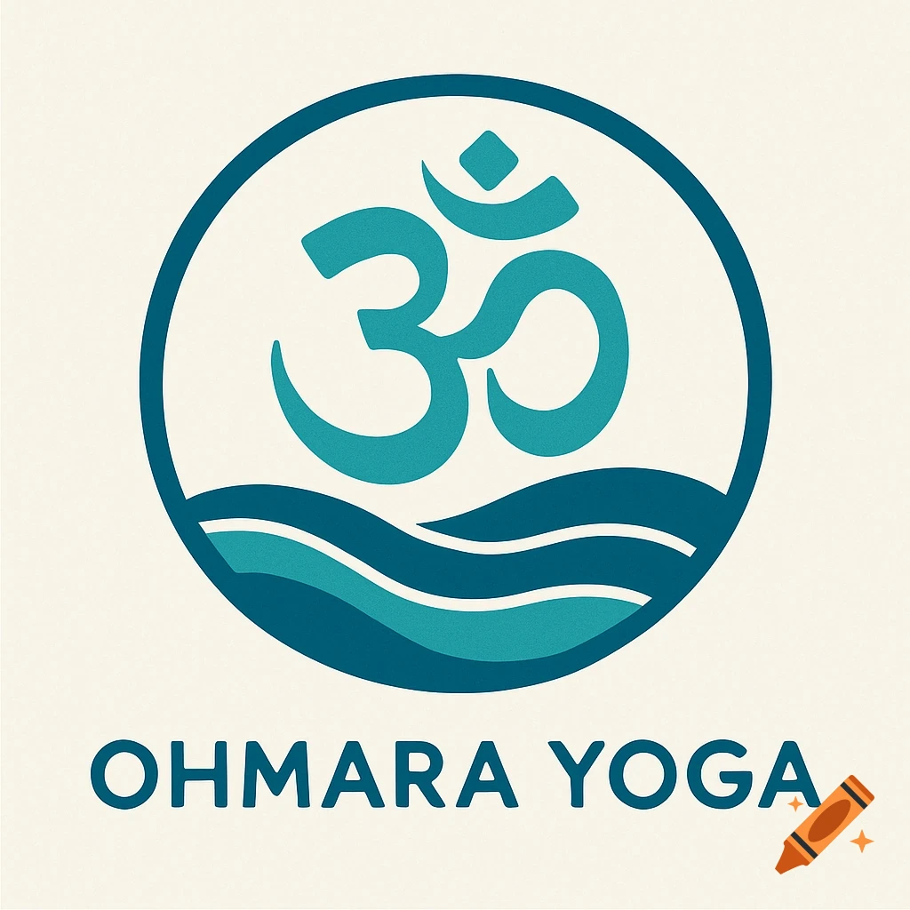 Minimalist logo for Ohmara Yoga with an Om symbol and ocean waves in a circular design on a cream background.