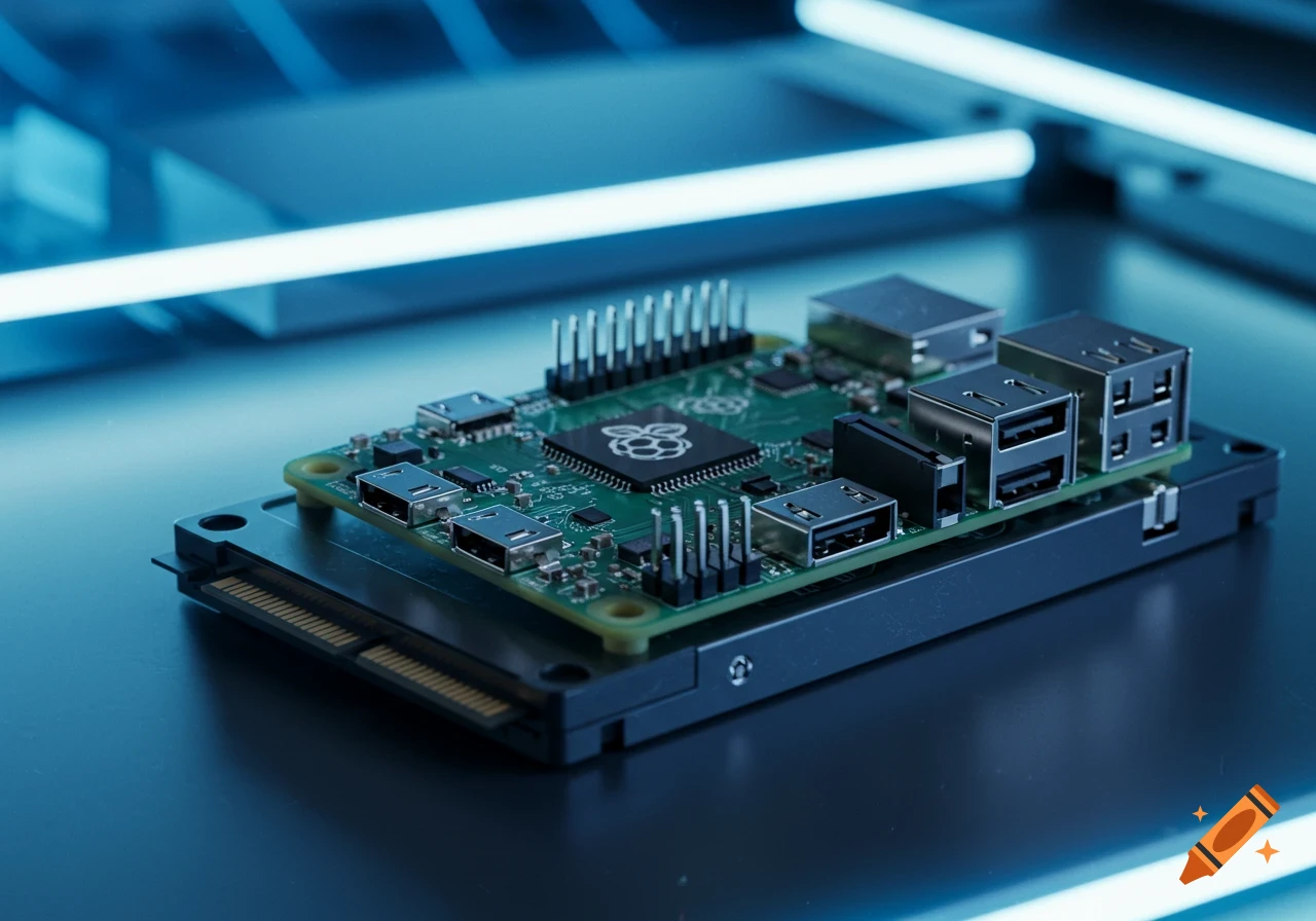 A close-up of a green Raspberry Pi circuit board with a central chip showing the Raspberry Pi logo, USB ports, and other components, mounted on an M.2 NVMe drive, bathed in blue light.