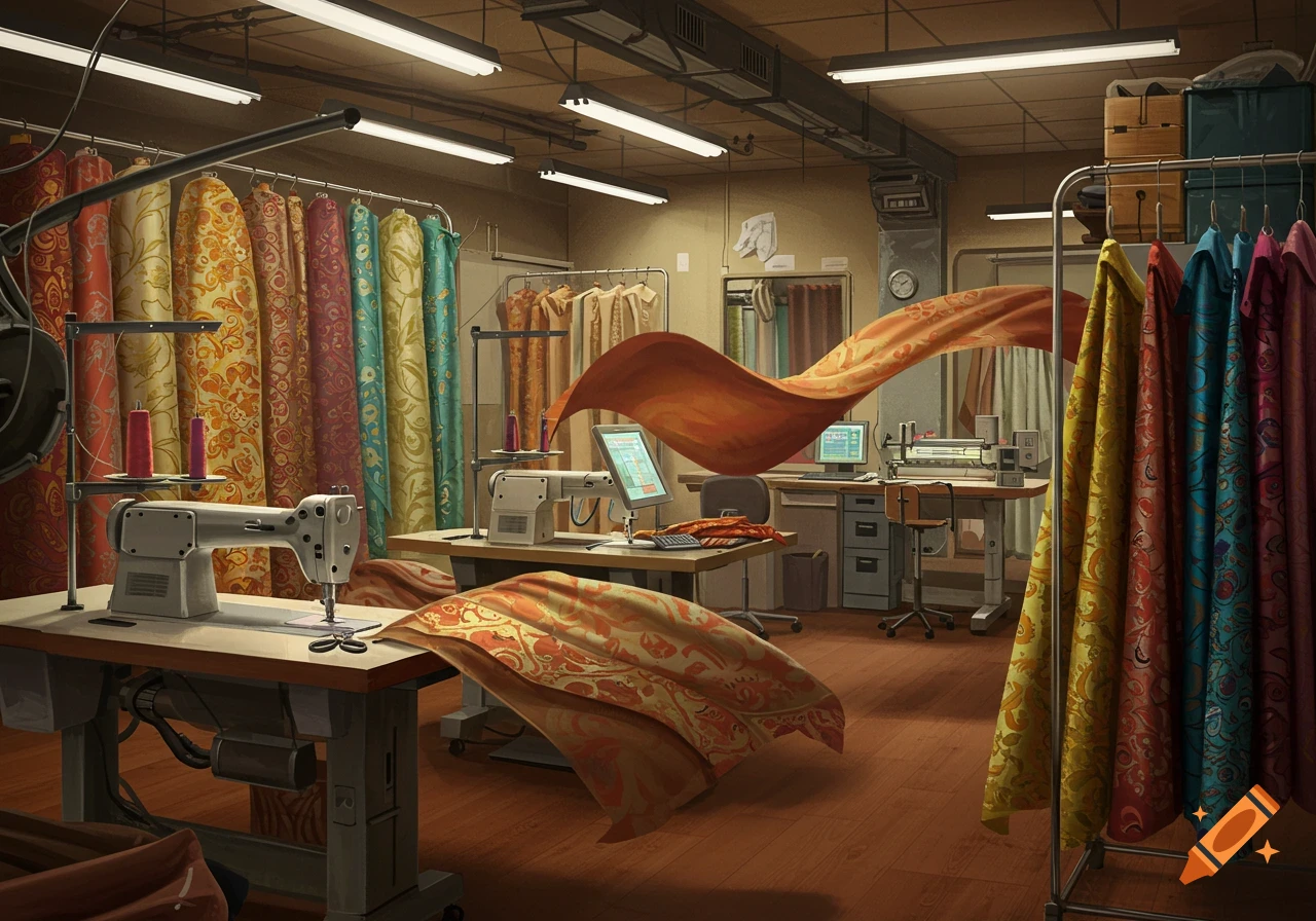 A detailed illustration of a sewing workshop with multiple machines, spools of thread, and colorful patterned fabrics on rolls and draped on racks, with one piece flowing dynamically.