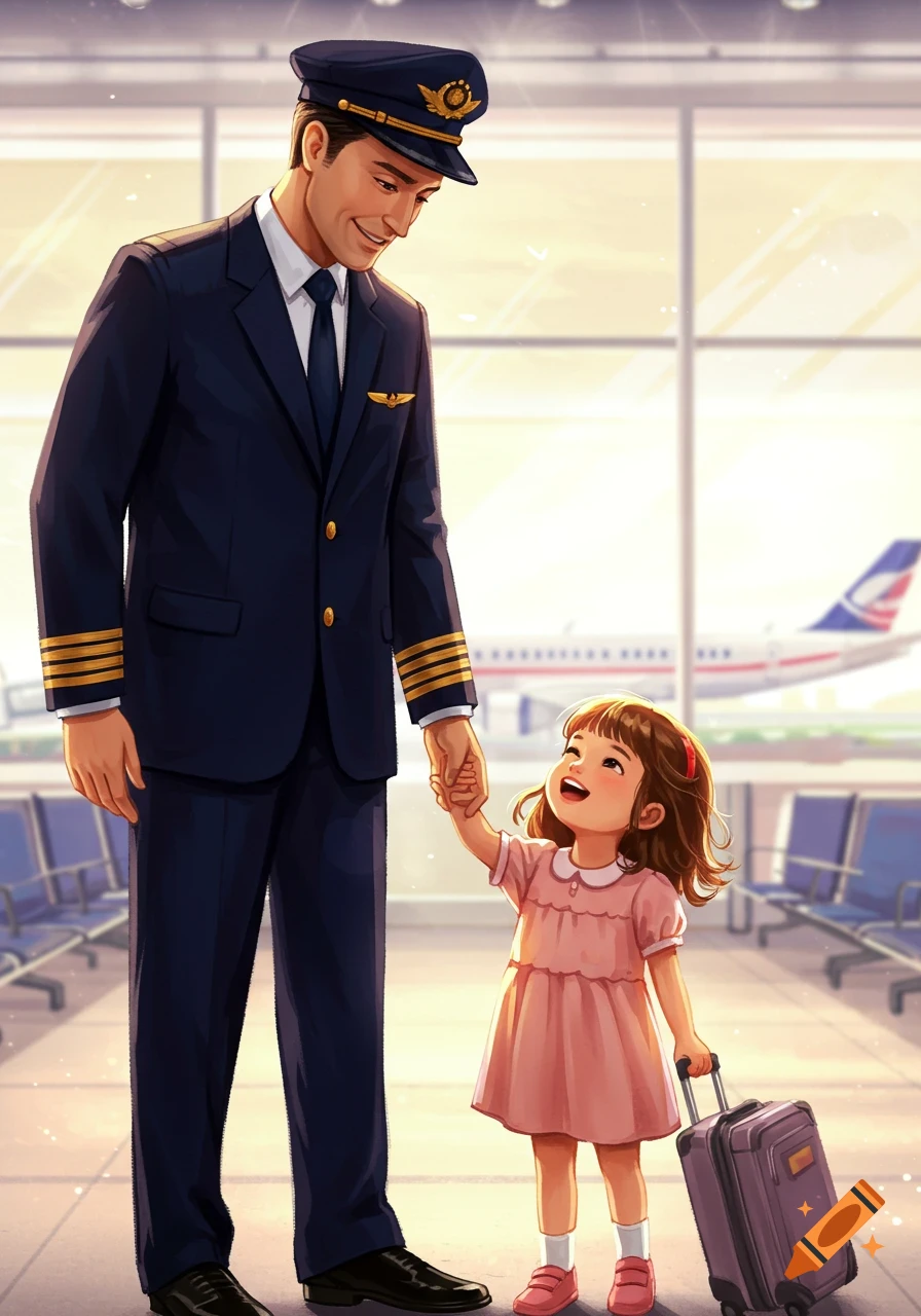 A smiling pilot father holding hands with his happy daughter with a suitcase in an airport, in a children's book illustration style.