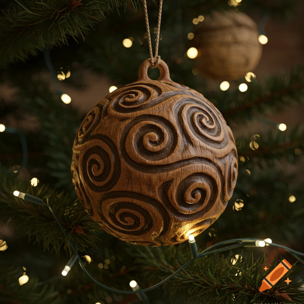 A close-up of a wooden Christmas ornament with carved spiral designs, hanging on a Christmas tree with blurred lights.