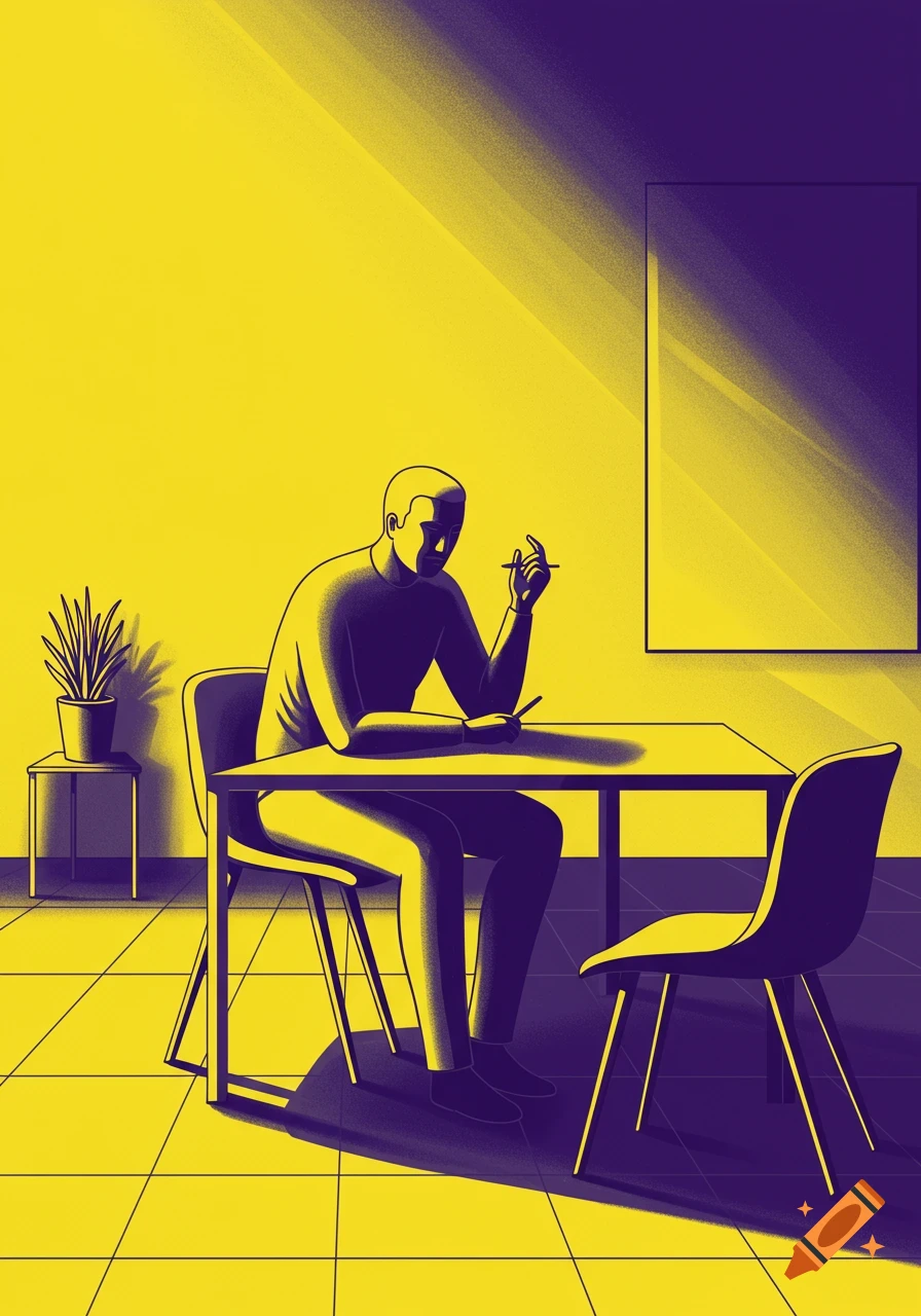 Minimalist illustration of a man in yellow and purple, sitting at a table holding a pen, in a thoughtful pose within a room.