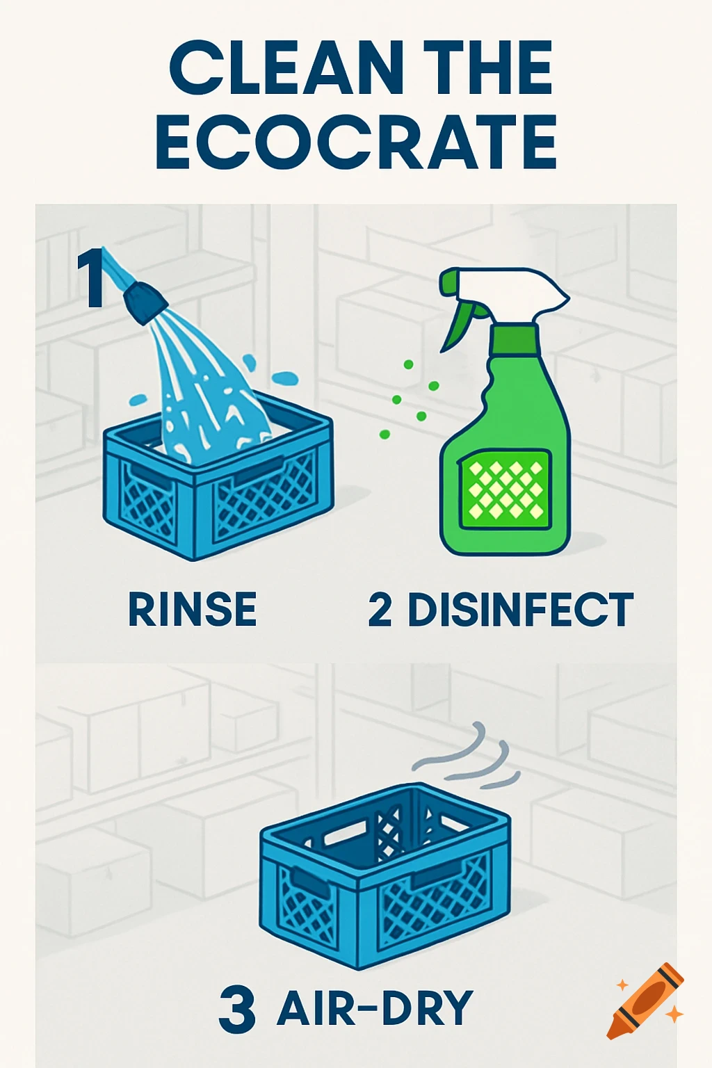 A three-panel isometric illustration showing how to clean a blue crate: rinse, disinfect, and air-dry.