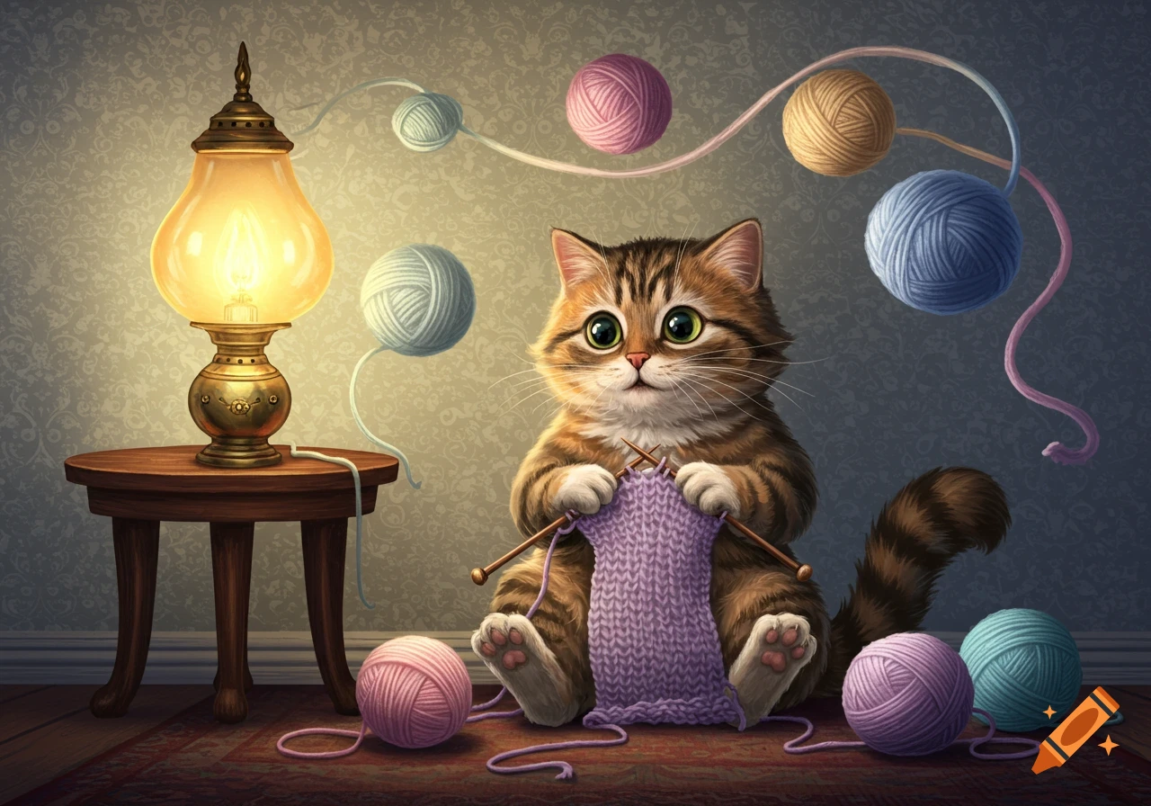A cute, fluffy tabby cat sits knitting purple yarn next to a lit antique lamp, surrounded by colorful balls of yarn in a whimsical illustration.