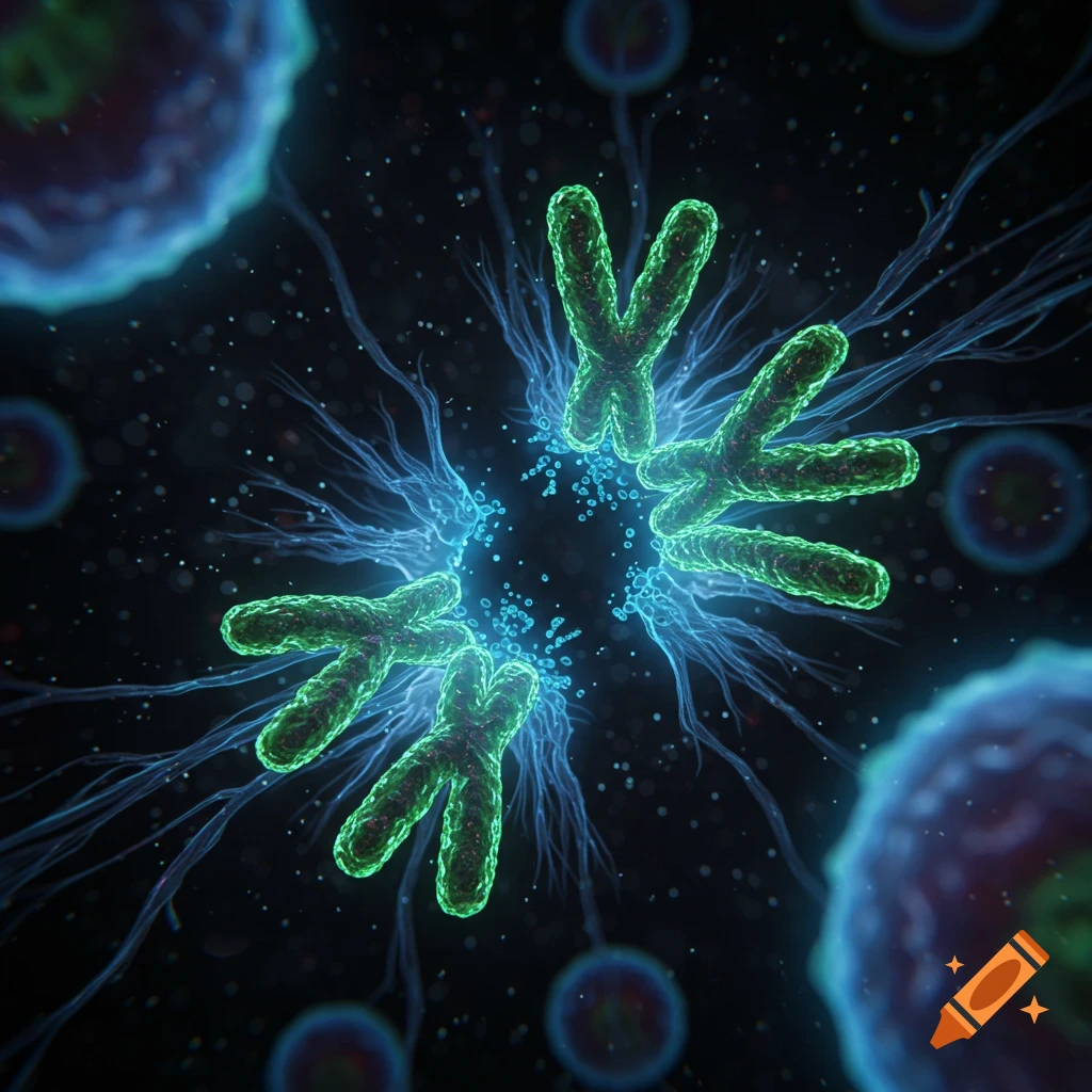 Microscopic view of bright green chromosomes surrounded by blue fibrous structures and cells, against a dark background, depicting anaphase.