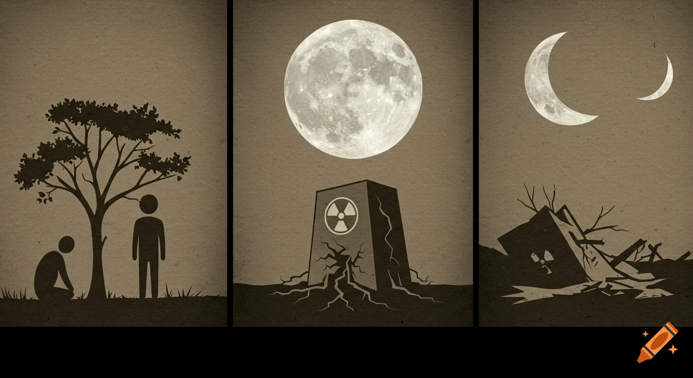 Minimalist three-panel sequence: first, a human and tree under a crescent moon; then, a nuclear waste site under a full moon; finally, a destroyed landscape under crescent moons.