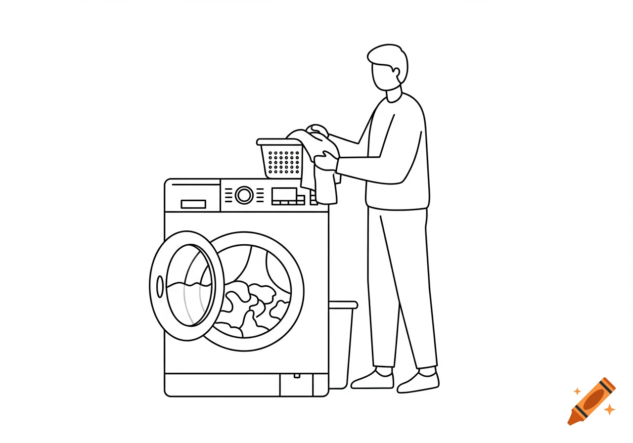 Black and white line art illustration of a person putting clothes from a laundry basket into an open front-load washing machine.