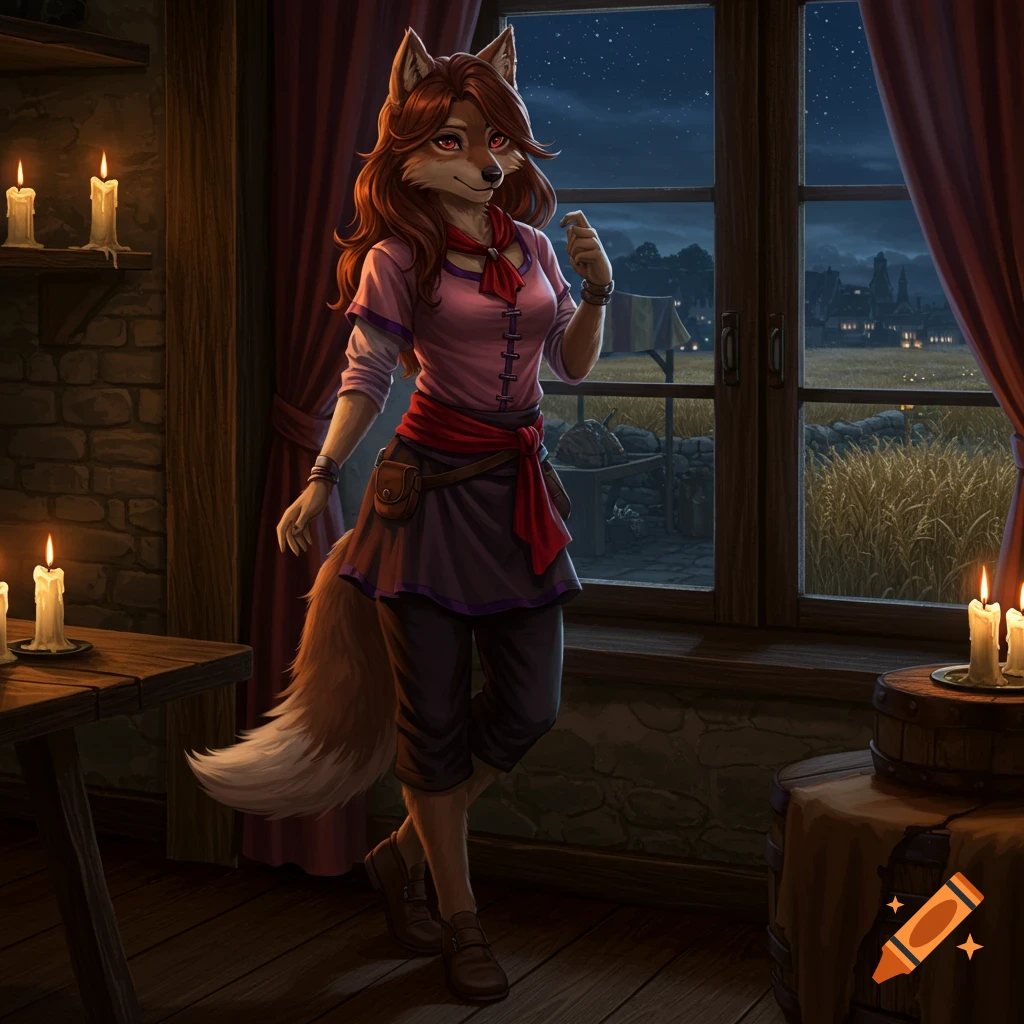 A female anthropomorphic wolf with red eyes and a fluffy tail stands by a medieval inn window at night, illuminated by candlelight. Digital painting.
