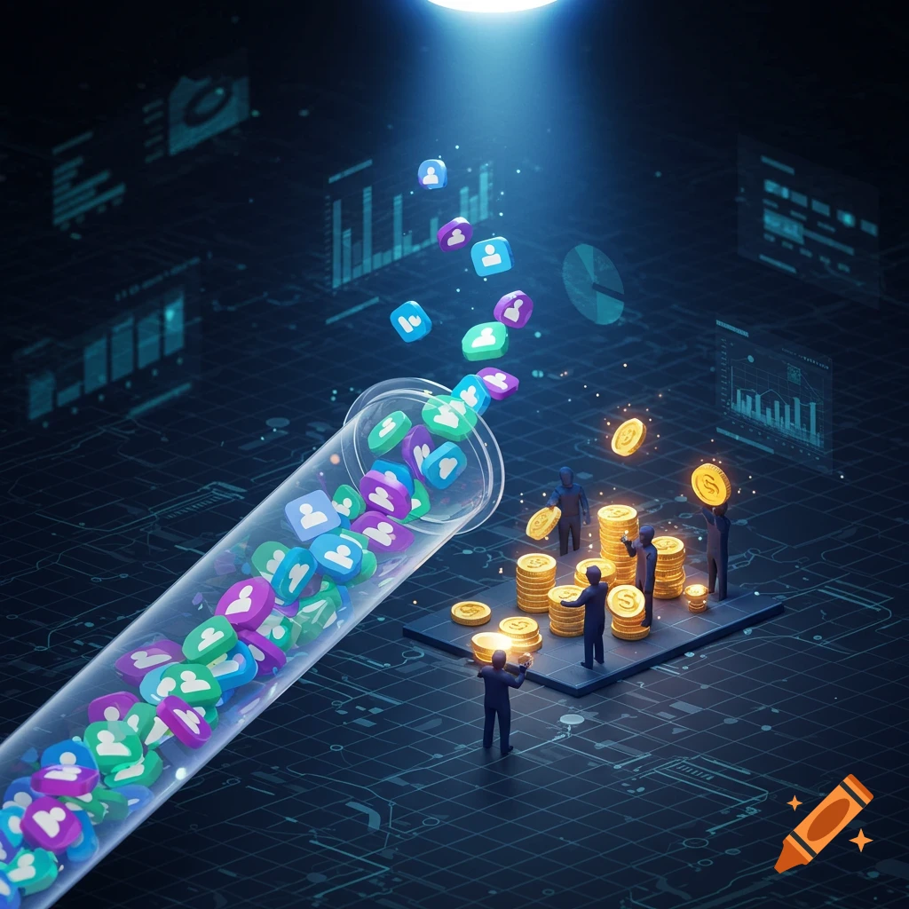 3D illustration of a funnel with user icons flowing towards figures collecting stacks of gold coins on a glowing circuit board background.