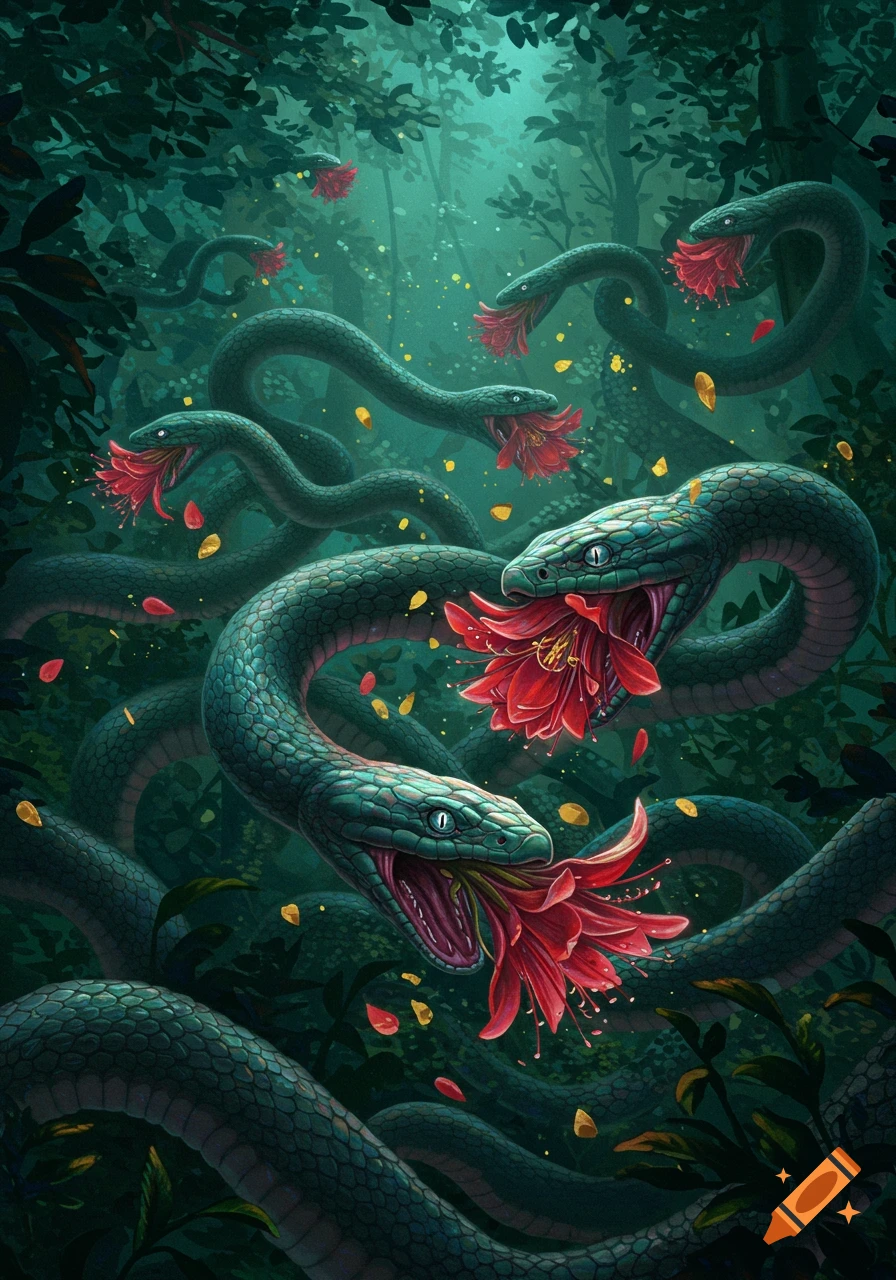 Emerald-scaled snakes with red flowers emerging from their mouths slither through a dark, ethereal forest with floating petals.