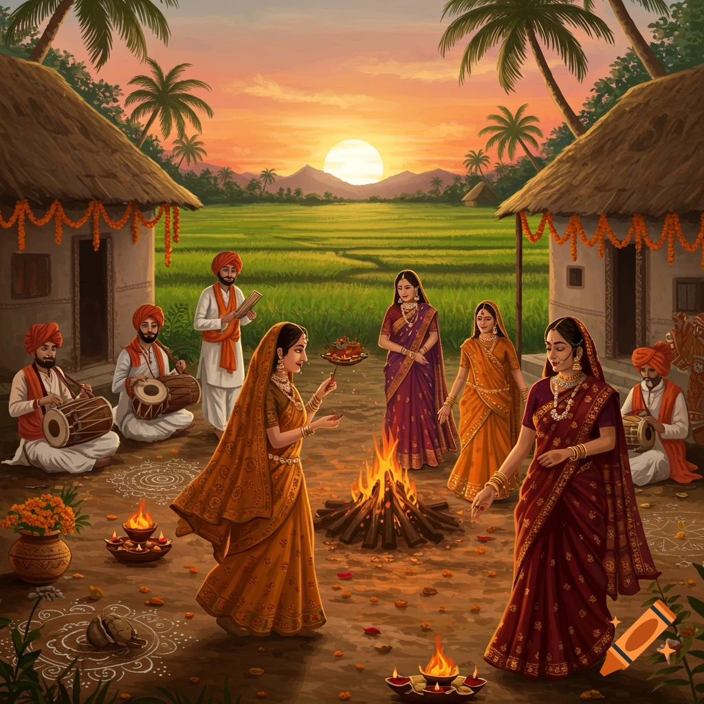 An artistic illustration of a traditional Indian festival at sunset, with people in vibrant attire gathered around a bonfire in a village setting with huts and rice fields.