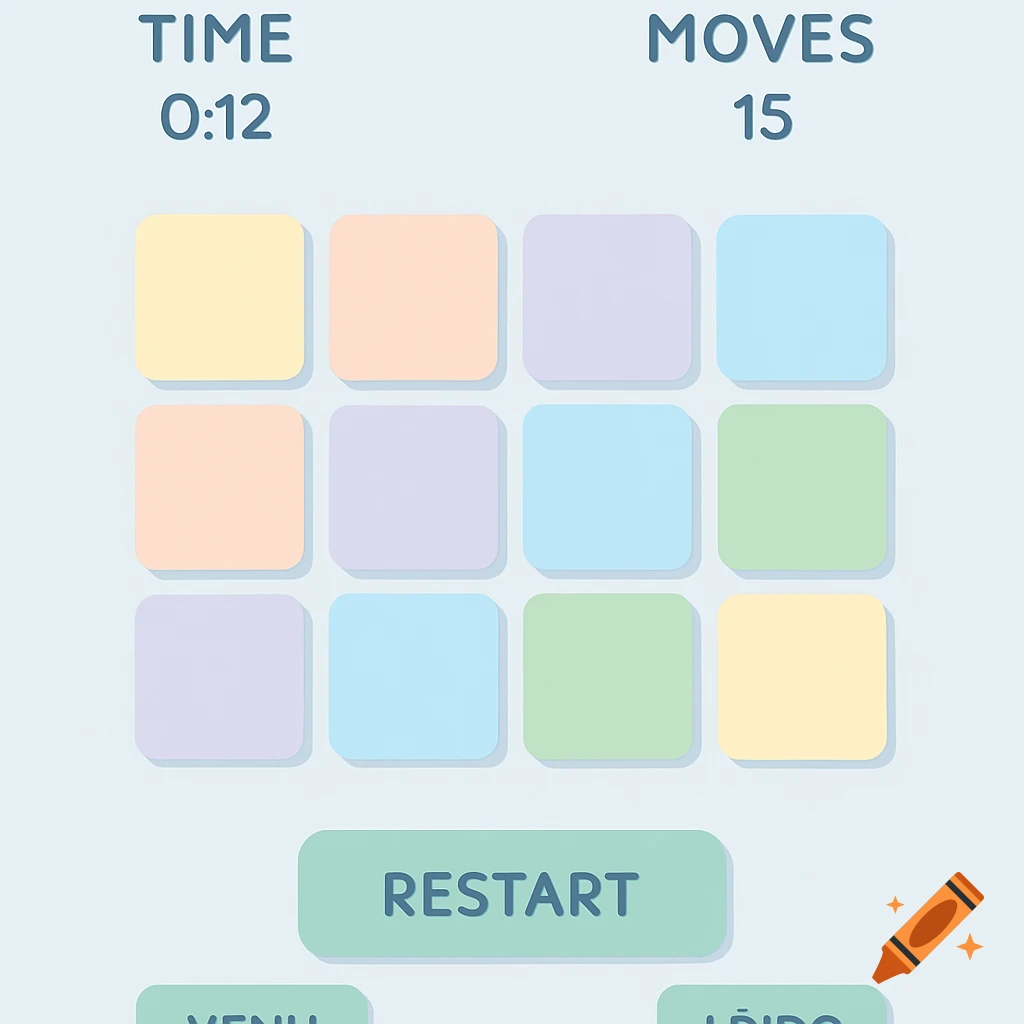 A minimalist logic game interface with soft pastel colors. It displays "TIME 0:12", "MOVES 15", a 3x4 grid of colorful rounded squares, and a green "RESTART" button.