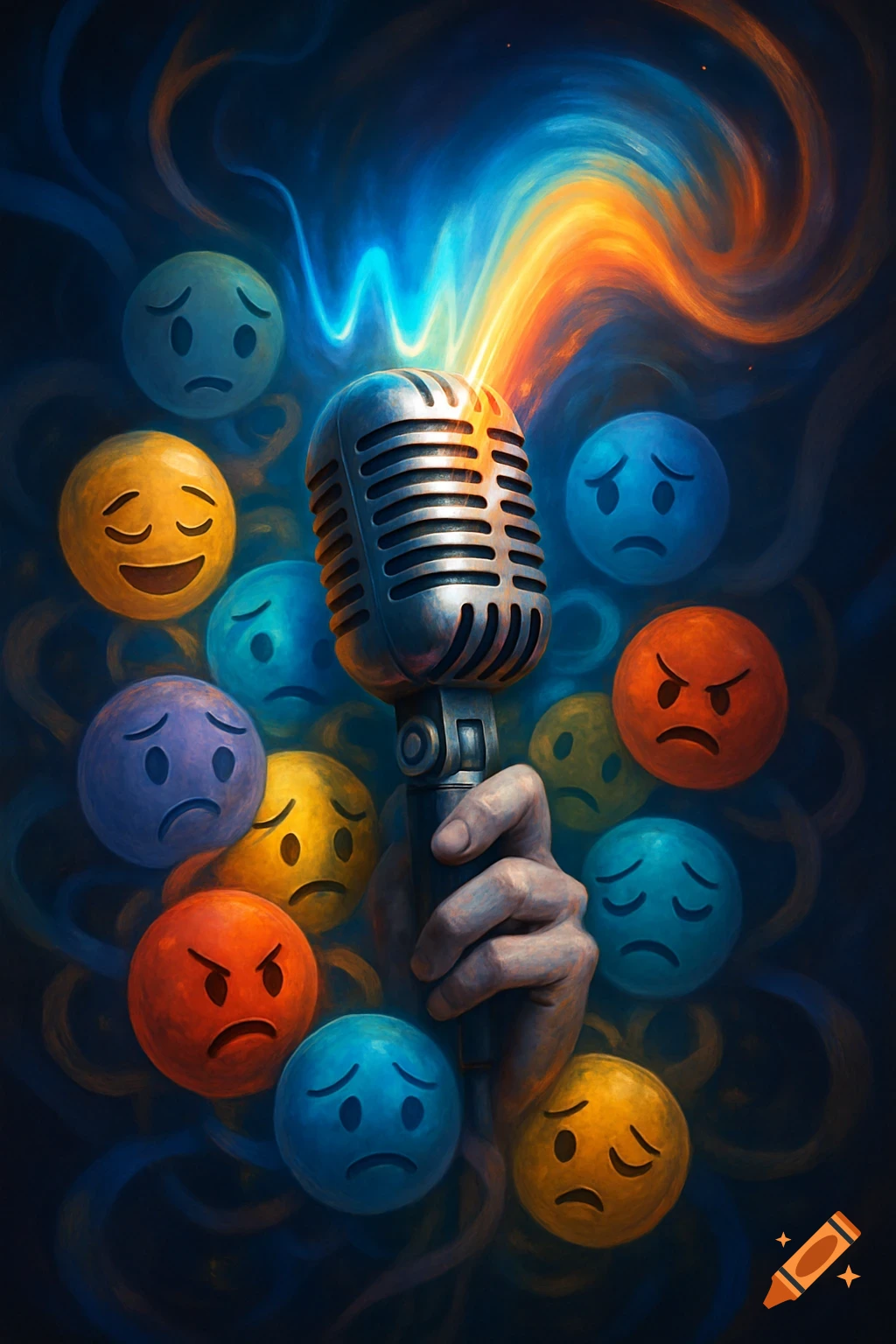 A stylized hand holds a vintage microphone glowing with colorful energy, surrounded by numerous sad, angry, and happy emojis on a dark, swirling background.