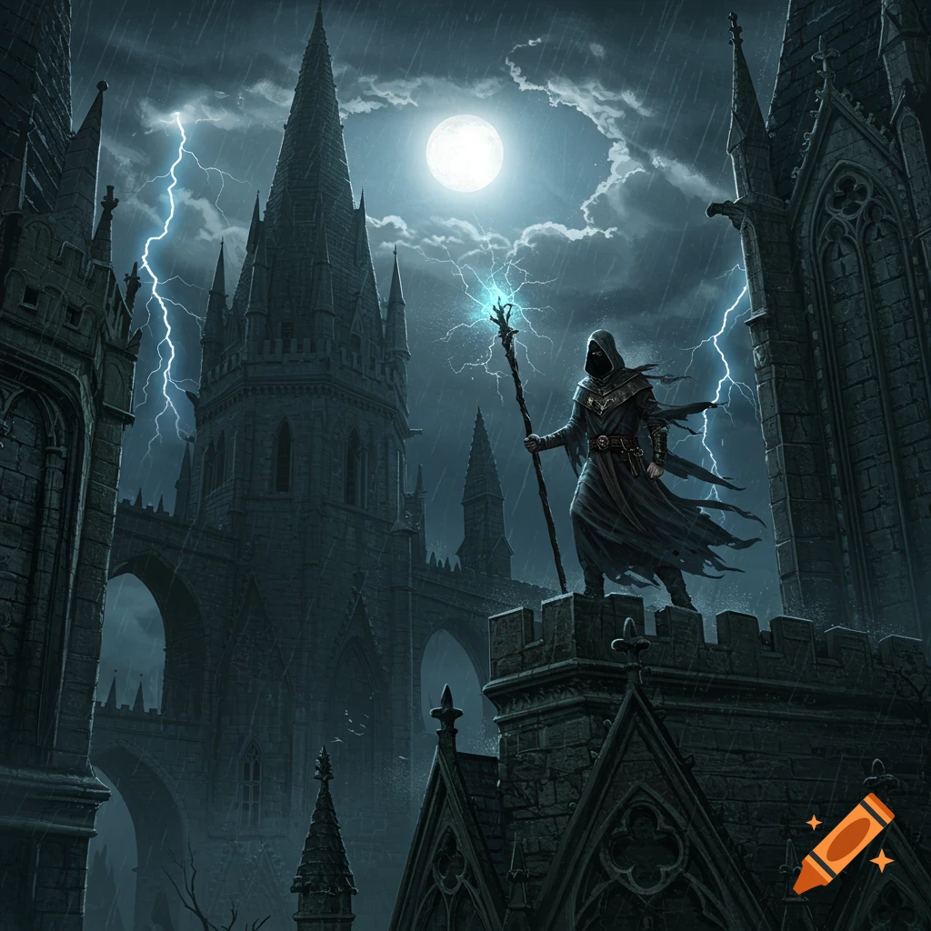 A robed wizard stands on a gothic castle rooftop, holding a glowing staff during a stormy night with lightning and a full moon.
