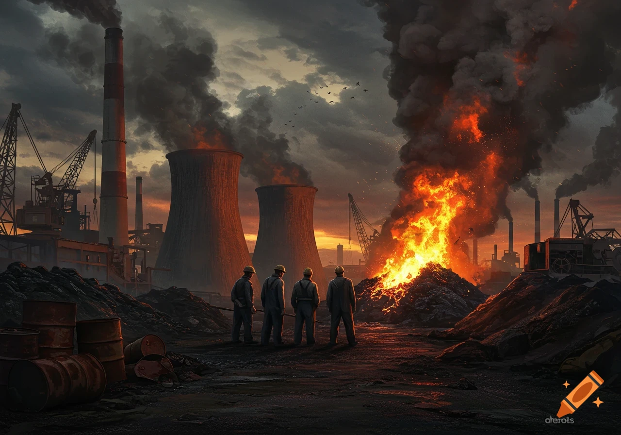 Four workers observe a massive industrial complex with cooling towers, smoking chimneys, and a large burning pile under a smoky sunset sky.