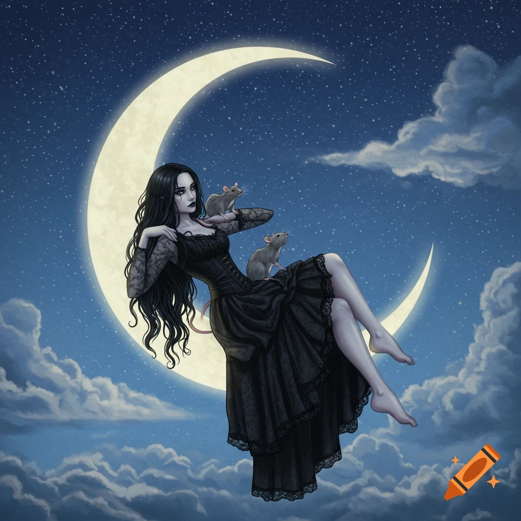 Gothic witch in a black dress sits on a crescent moon with two rats in a starry night sky, digital illustration.
