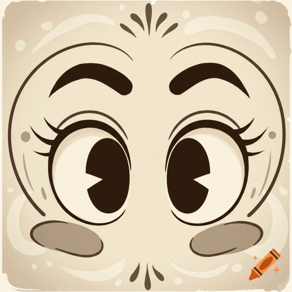 A pair of wide, expressive vintage cartoon eyes with thick lashes and eyebrows, set against a sepia-toned background.