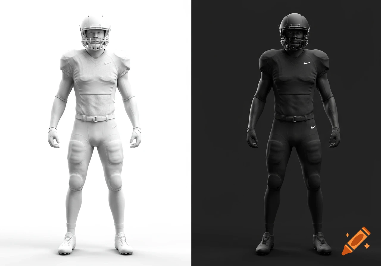 Two detailed, realistic American football players standing upright, one in a white uniform on a white background, one in black on black.