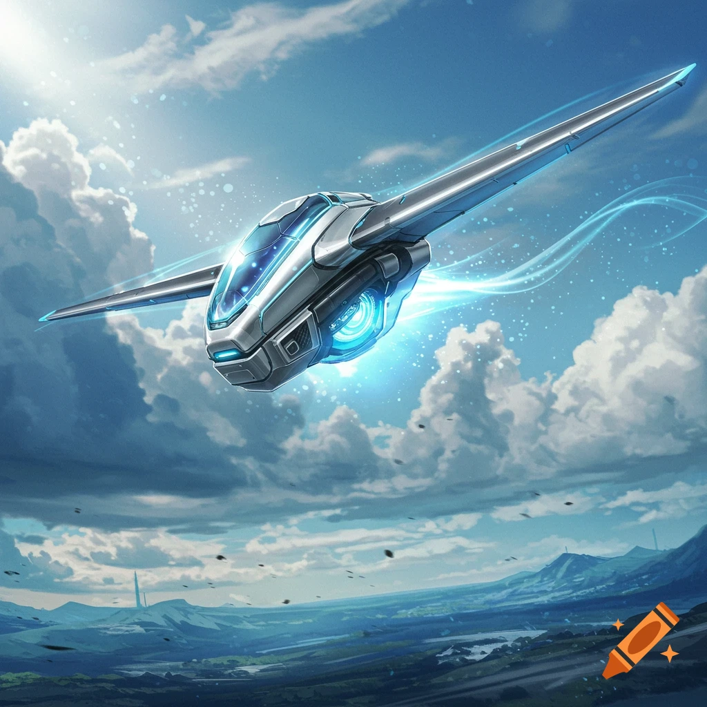 Sleek futuristic silver and blue aircraft flying high above a vast green landscape under a bright, cloudy sky in a concept art style.