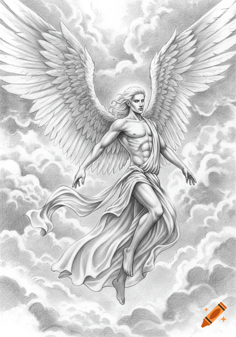 A detailed black and white pencil drawing of a muscular male angel with large feathered wings and flowing drapery, ascending through clouds.