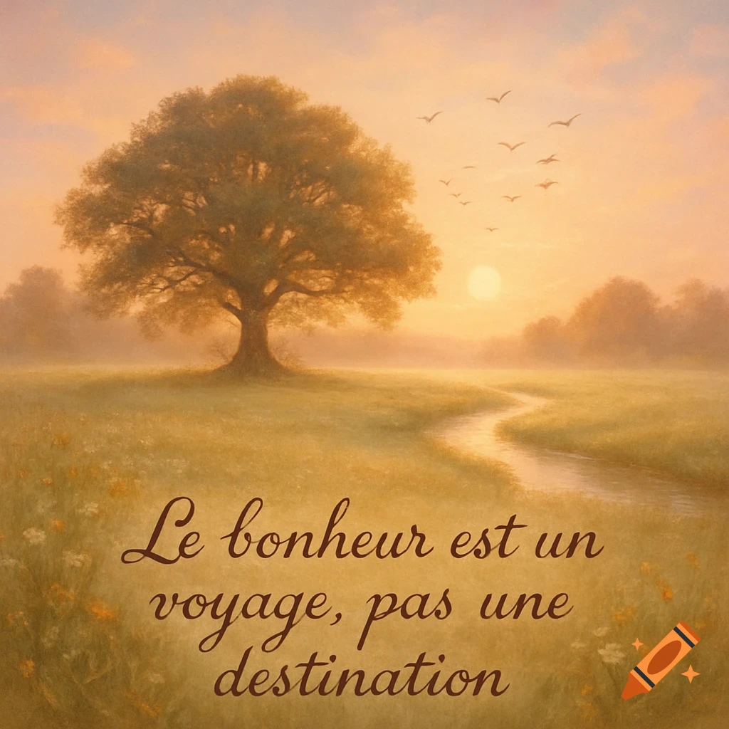 Painterly landscape at sunrise with a large tree, winding river, and birds. Features the French quote 'Le bonheur est un voyage, pas une destination'.