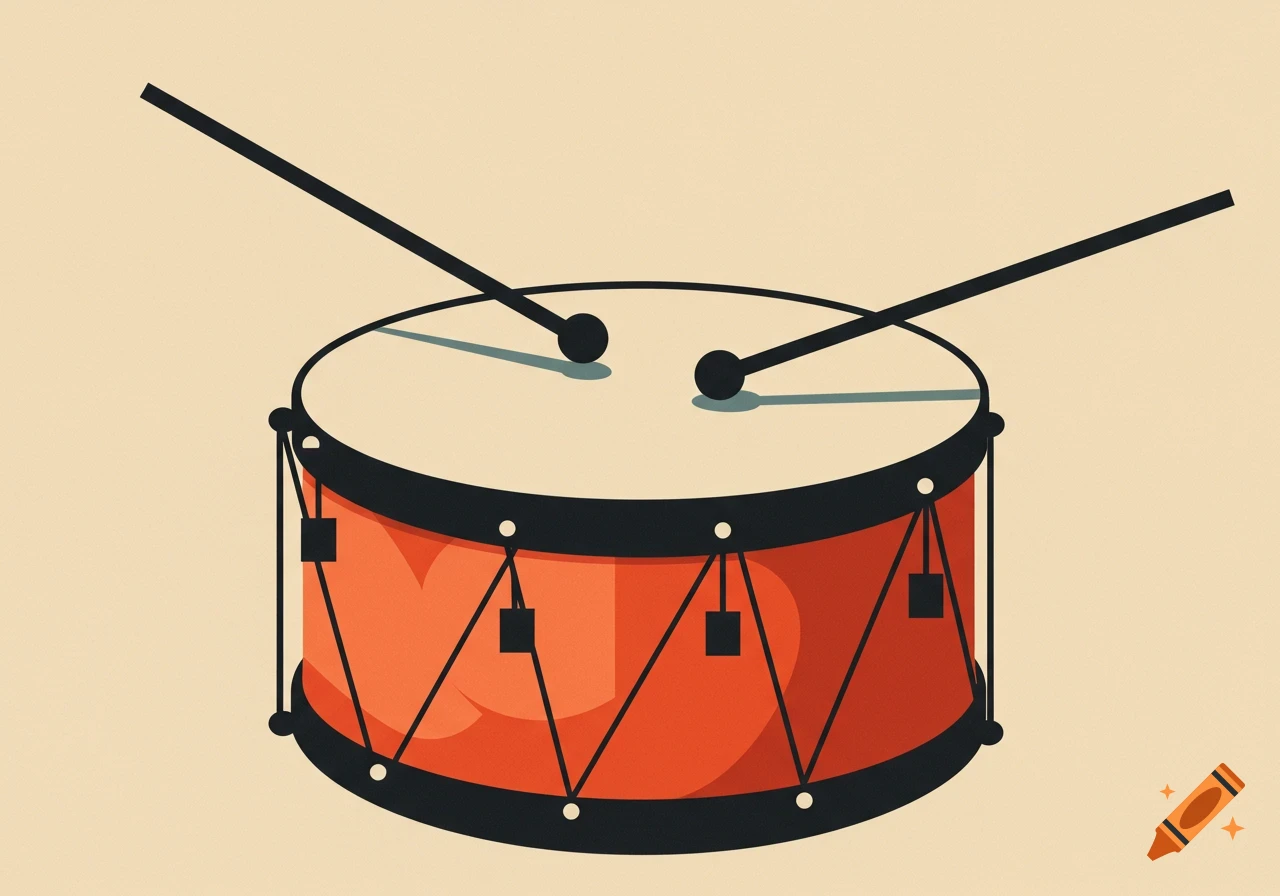 Flat graphic illustration of a red drum with black drumsticks against a light background, in the style of Saul Bass.