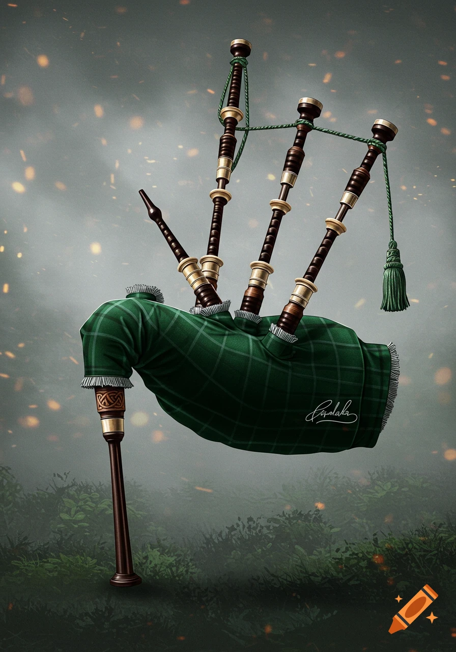 A detailed illustration of a green plaid bagpipe with wooden and brass details, against a misty background with glowing particles and foliage.