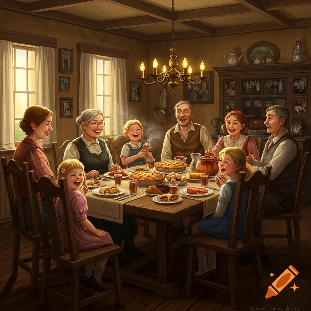 A multi-generational family laughs joyfully around a dining table laden with food in a warm, traditional setting.
