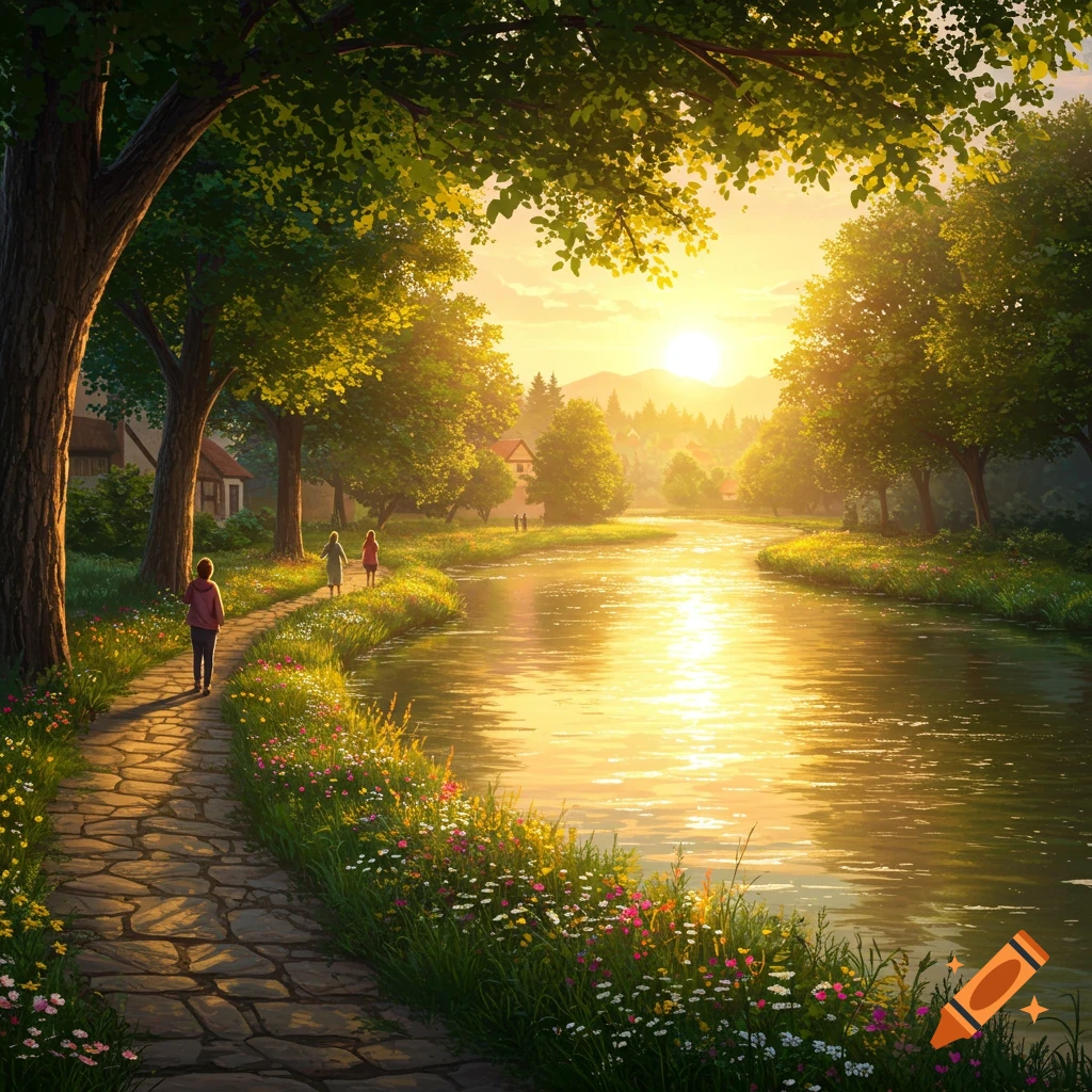 People walk on a stone path next to a golden sunlit river, lined with trees and wildflowers, under a beautiful sunset.