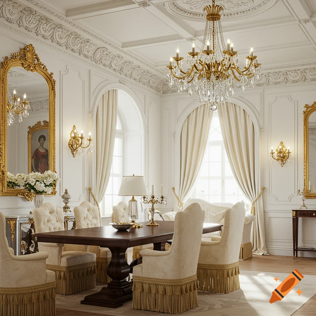 A luxurious Neo-Classical dining room with off-white walls, intricate golden accents, a large crystal chandelier, and a long wooden table surrounded by elegant upholstered chairs.