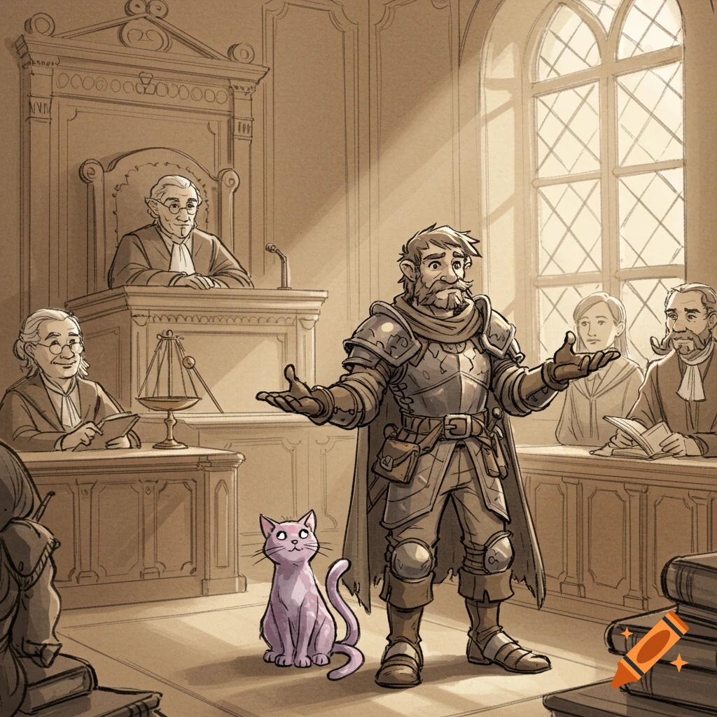 A cartoon knight and a purple cat stand before a judge and other figures in a courtroom sketch illustration.