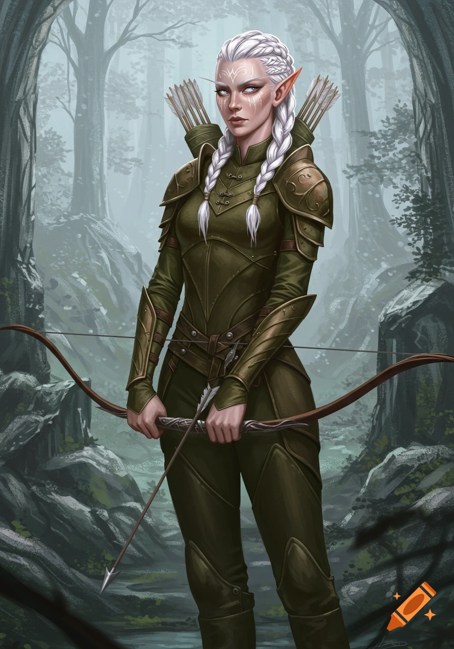 A white-haired elf archer in green and brown armor holds a longbow and arrow, standing in a misty forest. Detailed fantasy illustration.