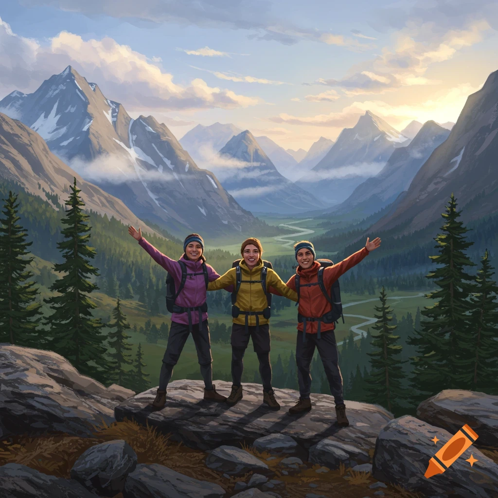 Three happy hikers with backpacks stand on a rocky peak, arms outstretched, overlooking a mountain valley at sunset. Digital painting.