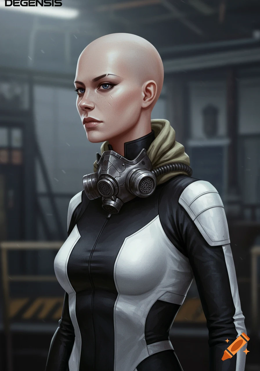 A bald woman with blue eyes and a scar, wearing a gas mask around her neck and a black and white form-fitting suit, in a digital painting style.