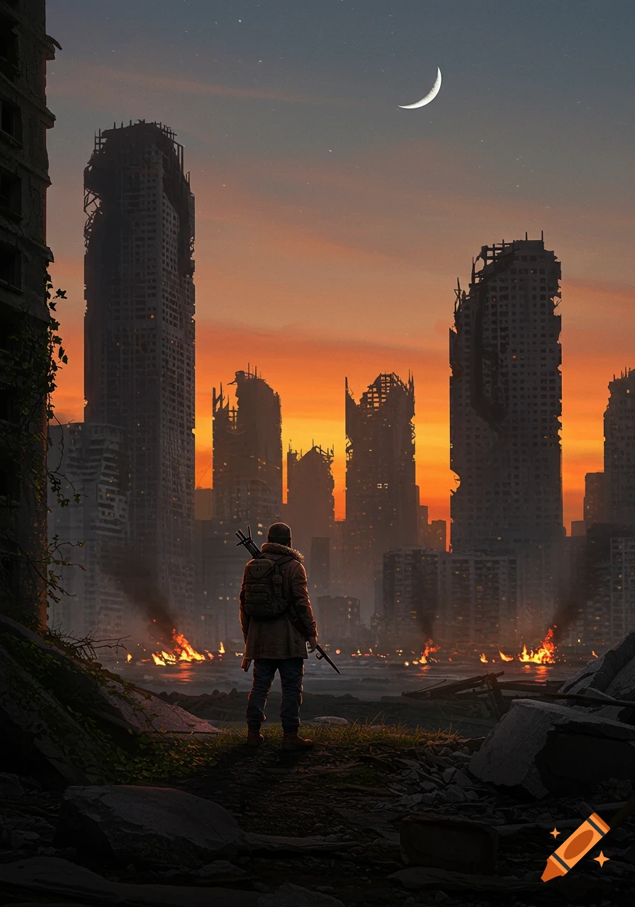 A lone figure with a backpack and rifle stands on rubble, looking at a ruined city with burning debris under an orange sunset and crescent moon.