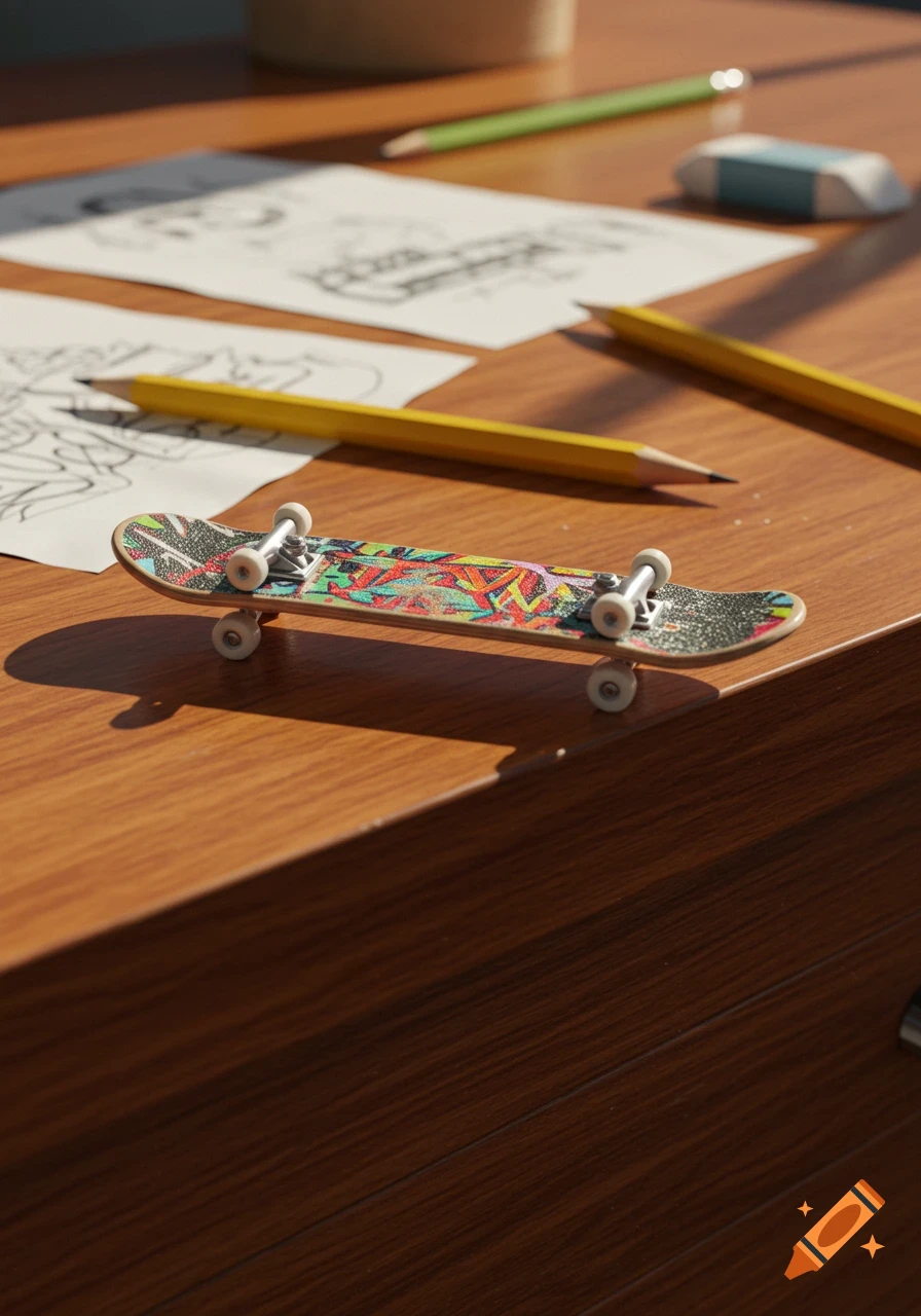 A fingerboard with colorful graffiti on a wooden desk with pencils and paper, in a photorealistic style.