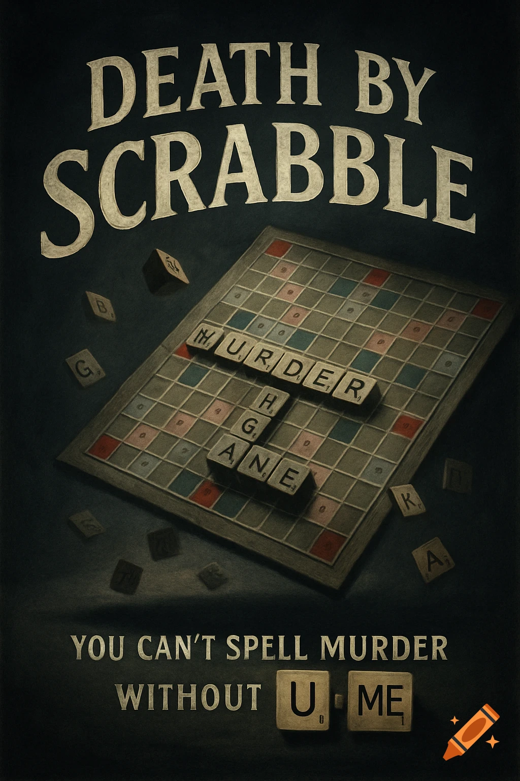 Dark movie poster for "Death by Scrabble" with a Scrabble board spelling "MURDER" and the tagline "YOU CAN'T SPELL MURDER WITHOUT U + ME".