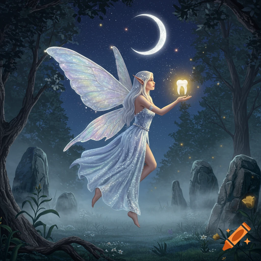 A luminous tooth fairy with long white hair and shimmering wings hovers in a magical forest at night, holding a glowing tooth under a crescent moon.