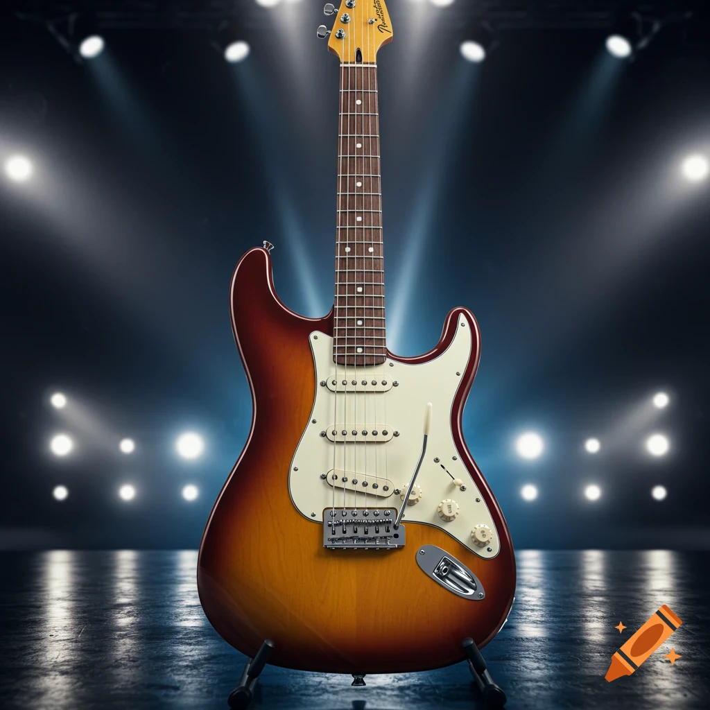 A photorealistic electric guitar with a sunburst finish and white pickguard stands on a dark stage with spotlights.