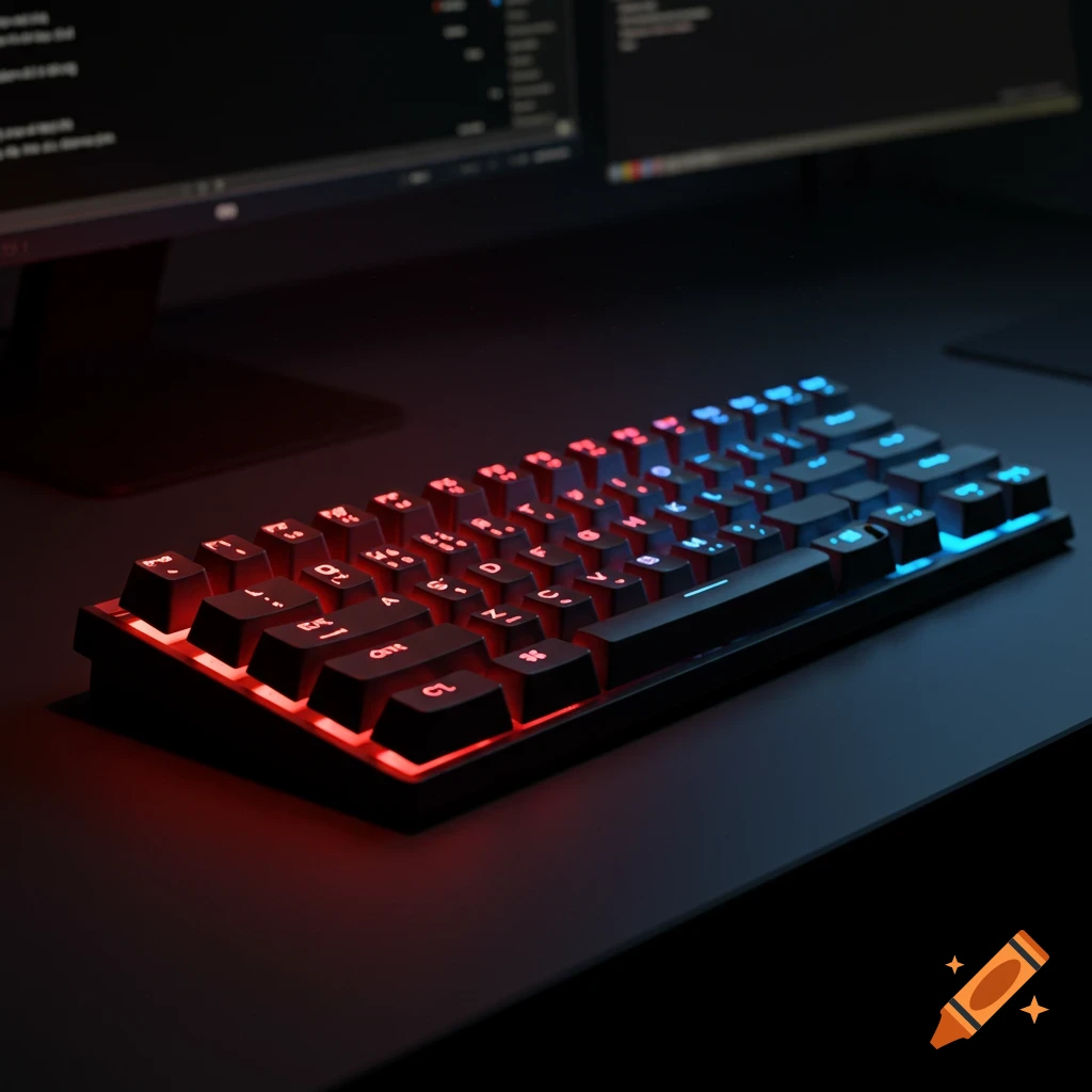 A dark image of a backlit gaming keyboard glowing red and blue, positioned on a desk in front of a monitor showing code.