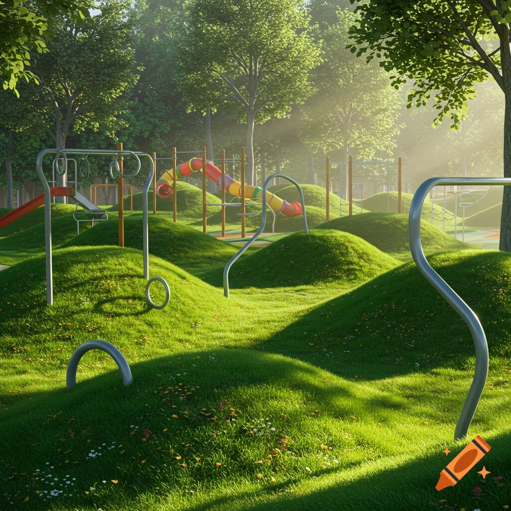 Photorealistic view of a sunny park with rolling green hills, a colorful tunnel slide, and metal calisthenics equipment.