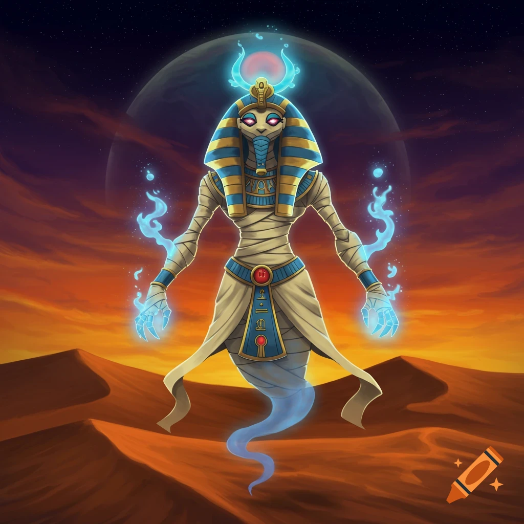 A stylized, glowing mummy-like ghost figure with an Egyptian headdress and blue energy stands over sand dunes at sunset under a cosmic sky.