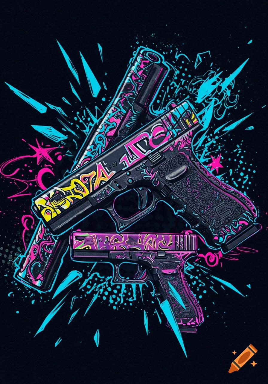 Stylized graphic art of two Glock 17 pistols with vibrant neon pink, blue, and yellow graffiti patterns on a dark background.