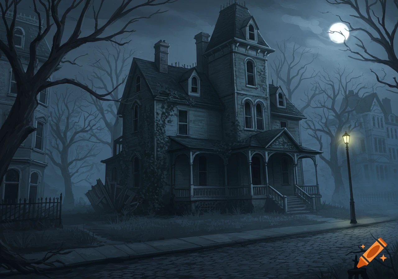 An old, eerie gothic house with bare trees under a full moon, bathed in a spooky blue light, stands next to a cobblestone street with a lit gas lamp.