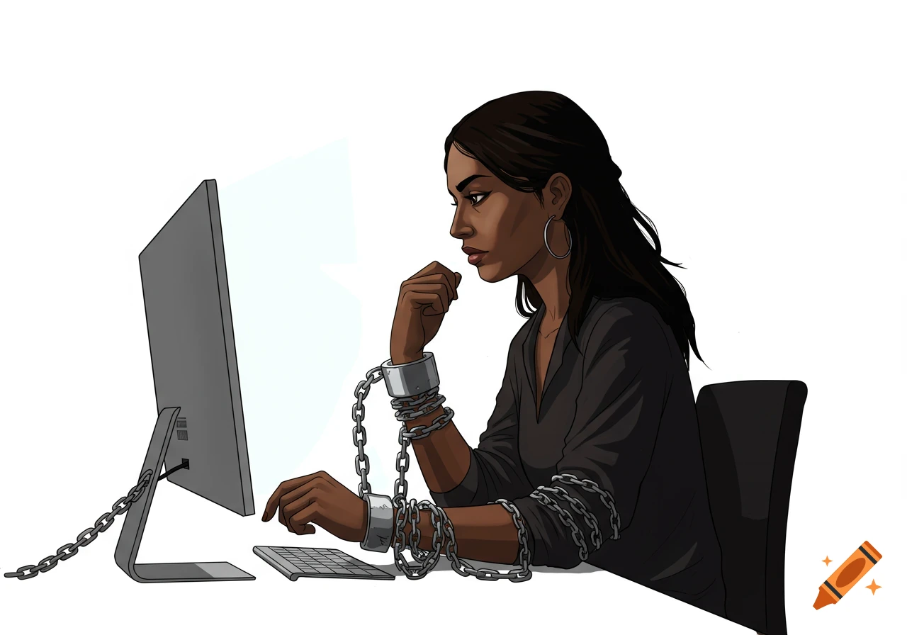 A multiracial woman chained by her wrists and forearms to a computer, looking at the blank screen in a clipart style.