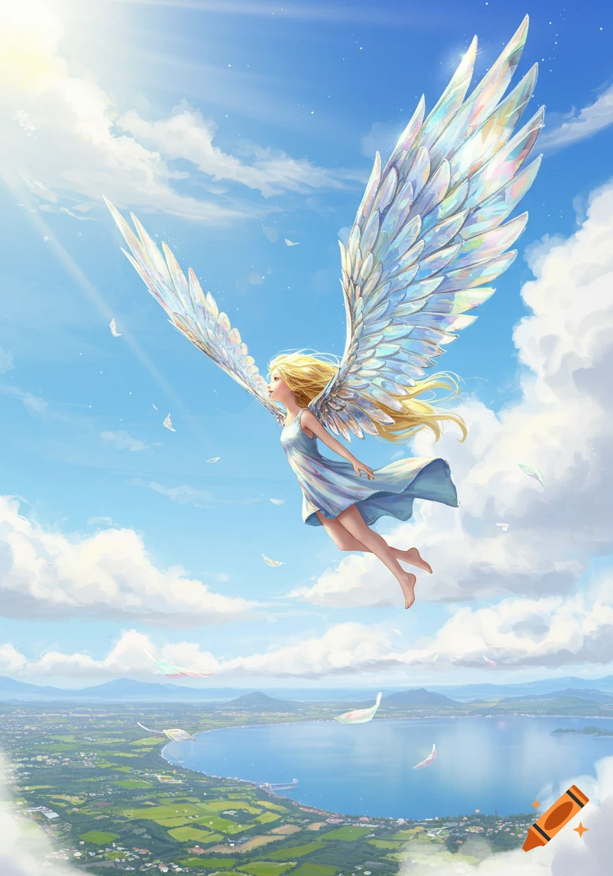 An illustrated blonde girl with large iridescent wings flies high in a bright blue sky over a green landscape and a wide lake.
