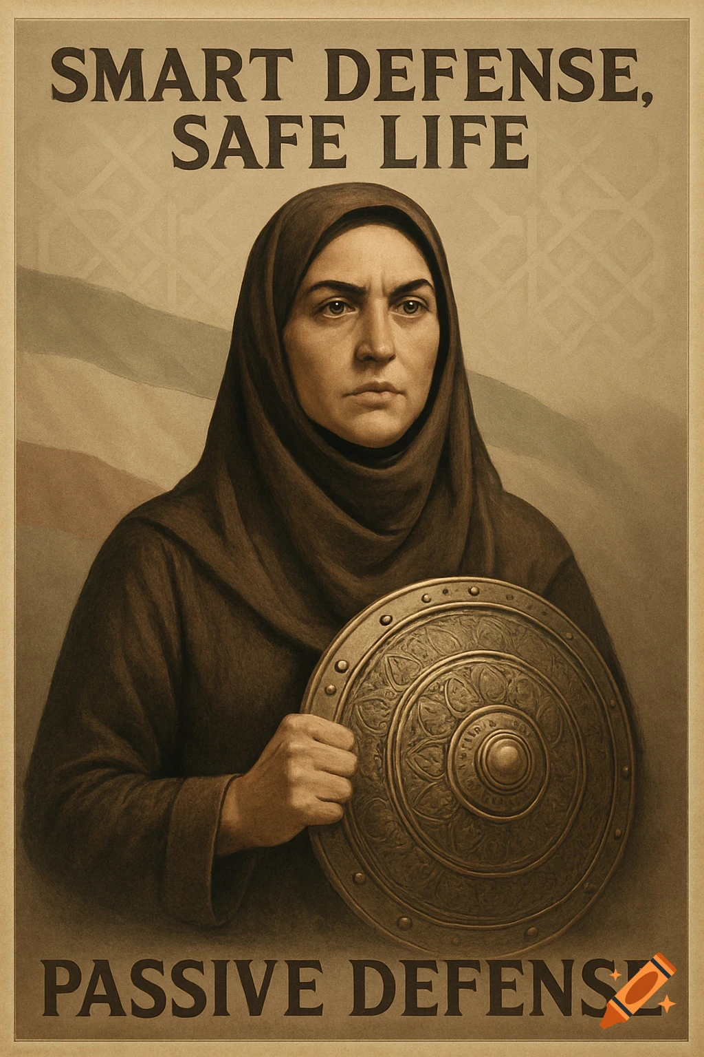A vintage-style propaganda poster features a serious woman in a hijab holding a round shield, with text about defense.
