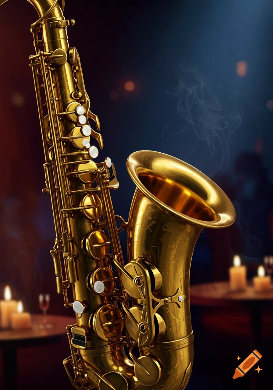 Close-up of a golden saxophone against a dark, blurry background with bokeh lights, candles, and faint smoke.
