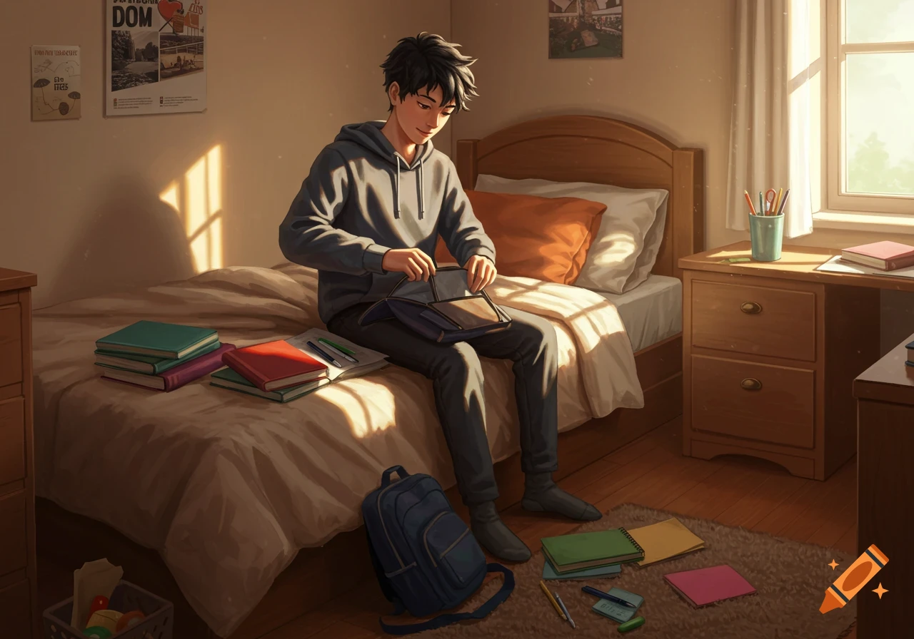 A young man with dark hair sits on a bed, packing his school bag in a sunny bedroom with books and a backpack.